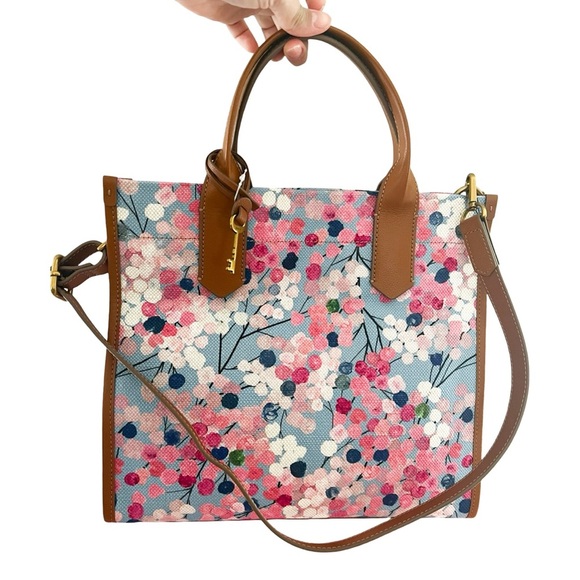 NWT FOSSIL Kyler Leather Canvas Large Tote Pink Blue Floral - Picture 4 of 6